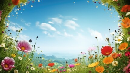 Beautiful sunny field full of different flowers. Round floral border or frame. Sunny meadow with wildflowers. Outdoor background with blue sky and copy space. AI generative image.