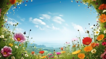 Fototapeta premium Beautiful sunny field full of different flowers. Round floral border or frame. Sunny meadow with wildflowers. Outdoor background with blue sky and copy space. AI generative image.