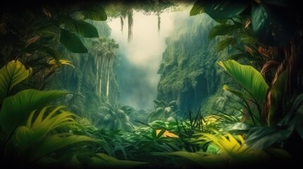 Beautiful jungle background with border made of tropical leaves. Exotic outdoor backdrop with copy space. AI generative image.