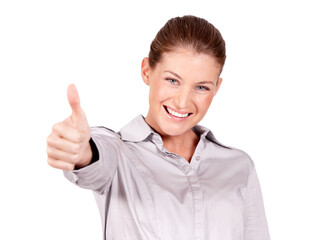 Happy woman, portrait smile and hand in thumbs up for success, winning or good job against a white studio background. Female person smiling and showing thumb emoji, yes sign or like for approval