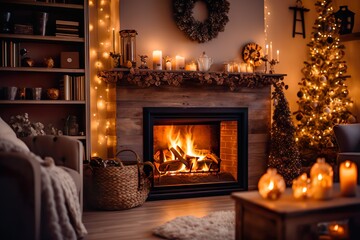 A Hygge Christmas Living Room With Fireplace Created by AI