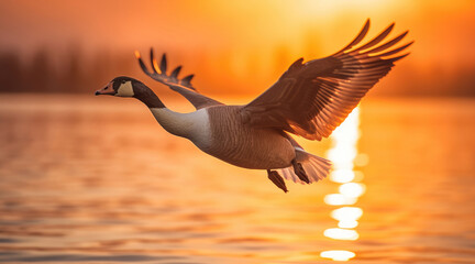 Fototapeta premium Flying goose at sunset in warm colors