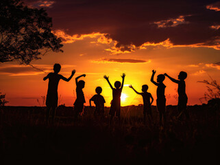 Fototapeta na wymiar Silhouettes of children playing against the backdrop of the sunset sky