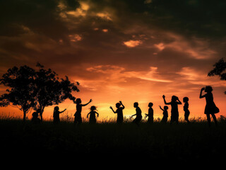 Silhouettes of children playing against the backdrop of the sunset sky