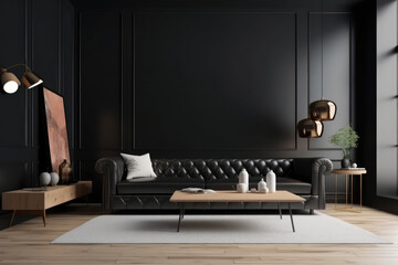 modern living room with leather sofa, black walls, generative AI
