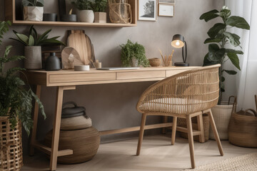 Stylish home office design includes a wooden desk, natural elements, an avocado plant, a bamboo shelf, plants, and rattan accents. neutral interior design, generative AI