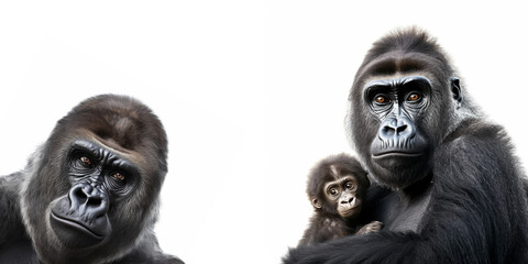 Wildlife zoo safari africa gorillas animals banner panorama long - Collection of gorilla family with cute little baby, portrait, isolated on white background, Generative Ai - obrazy, fototapety, plakaty