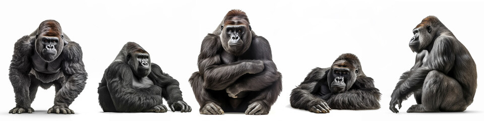 Wildlife zoo safari africa gorillas animals banner panorama long -Collection of sitting, lying group of big gorilla, isolated on white background, Generative Ai