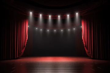 Fototapeten Theater stage with red curtains are opening with spotlight performance lights showing, generative AI © Kien