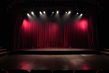 Theater stage with red curtains are opening with spotlight performance lights showing, generative AI - obrazy, fototapety, plakaty