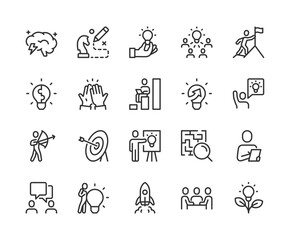 Creative business solution, icon set. Innovative ideas and strategies for business development and improvement, linear icons. Creative thinking and creative approach. Line with editable stroke