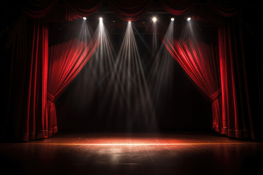 Theater stage with red curtains are opening with spotlight performance lights showing, generative AI