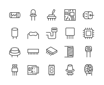 Electronic Components, icon set. Elements of electronic circuits and devices. microchips, transistors, capacitors, resistors, diodes etc, linear icons. Line with editable stroke