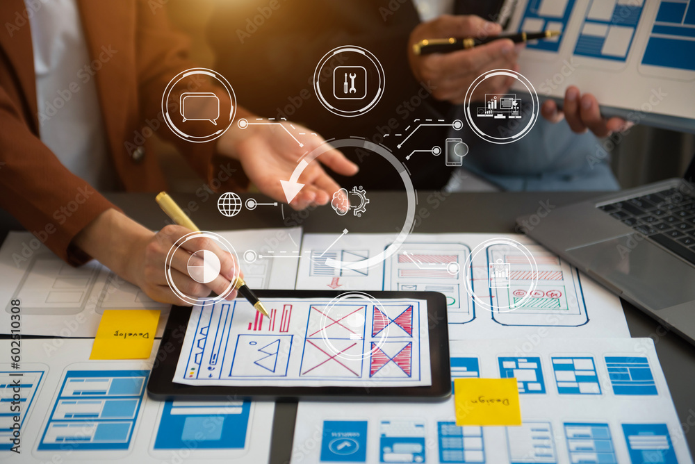 Wall mural ux graphic designer planning application process development prototype wireframe for web smart phone