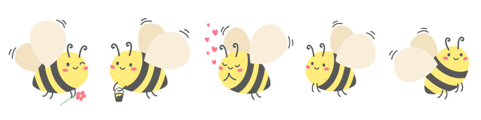 Children's set of vector illustrations. Cute cheerful bees. Lovers carrying honey, flying wasps. 