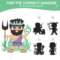 Find the correct shadow of Hades the Greek god of death and underworld. Matching shadow game for children. Worksheet for kid. Educational printable worksheet. Vector illustration.
