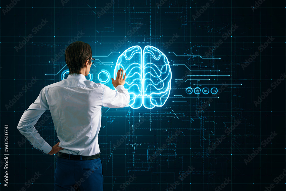 Wall mural artificial intelligence network, brain research and machine learning concept with man back view touc