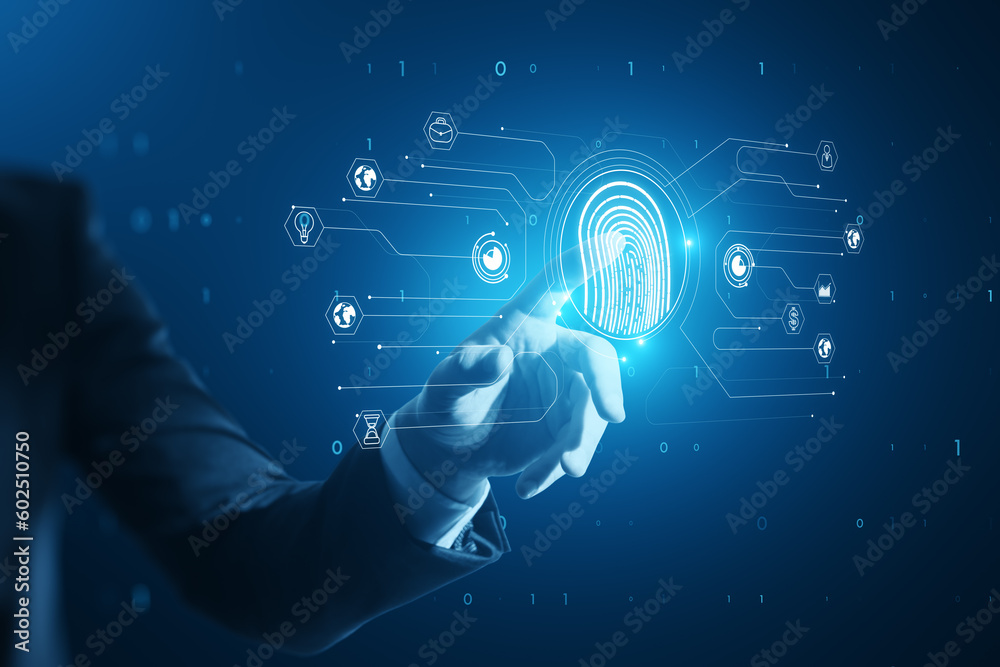 Poster close up of businessman hand pointing at glowing fingerprint hologram and icons on blue background. 
