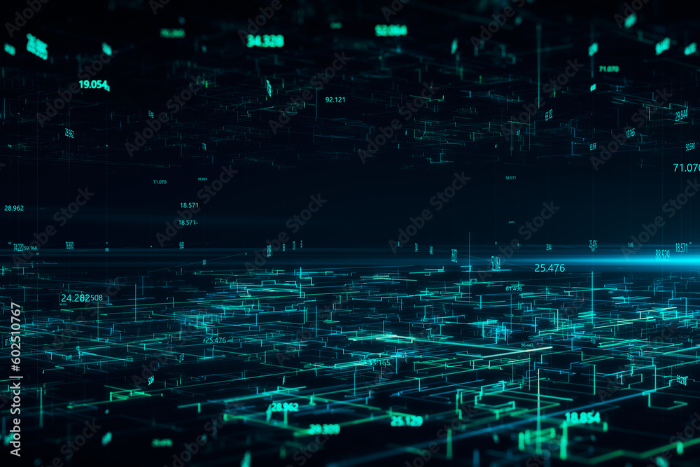 Poster Complexity and data flow, futuristic technology data concept with digital glowing binary code matrix background. 3D rendering