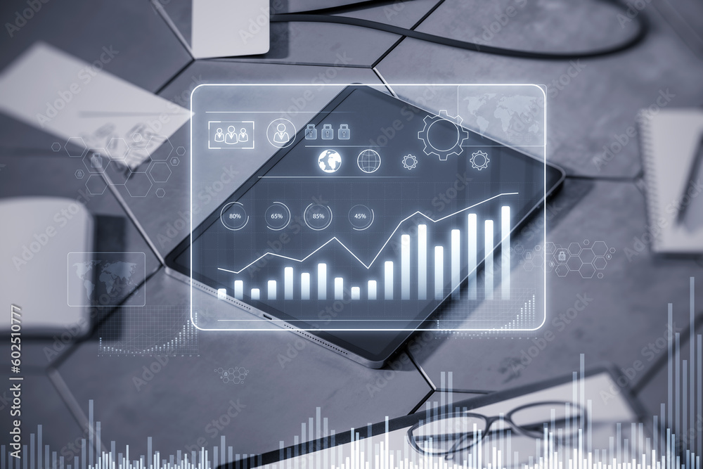 Poster close up of tablet at office workplace with glowing business chart hologram on blurry background. fi