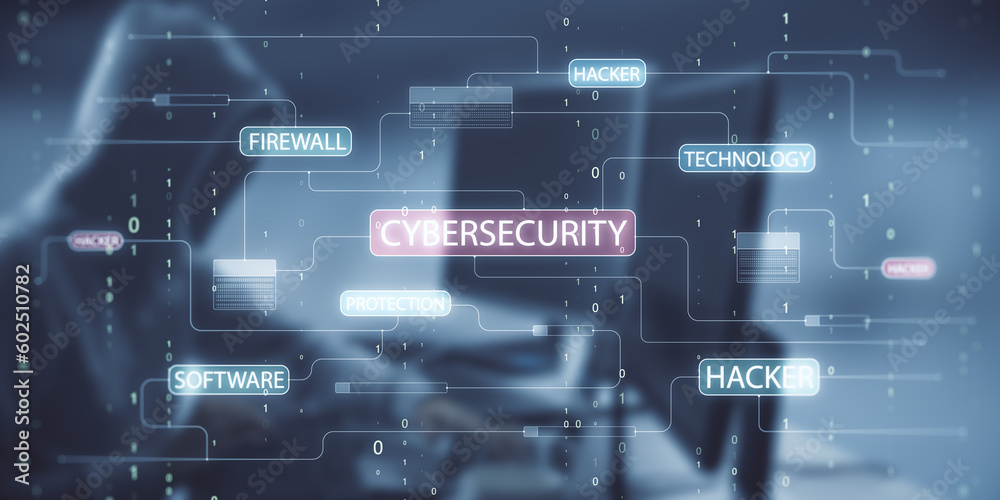 Poster Side view of hacker sitting at desk and using computers with glowing hacking hologram with binary code and lines. Cybersecurity, firewall, technology and software protection concept. Double exposure.