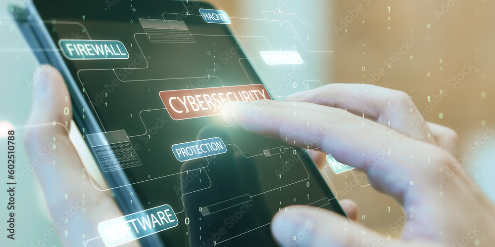 Poster Close up of hand using tablet with glowing hacking hologram and binary code lines on blurry background. Cybersecurity, firewall, technology and software protection concept. Double exposure.