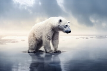 Obraz na płótnie Canvas Polar bear standing on small island surrounded by water. Climate change concept. Generative AI illustration