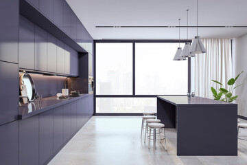Modern luxury dark kitchen interior with concrete floor and window with city view. 3D Rendering.