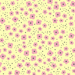 Cute vector pattern. Yellow background, pink daisies. Cheerful children's background 