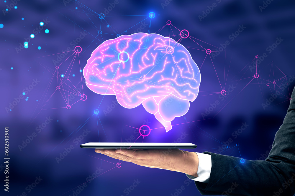 Poster Robot, artificial intelligence and data network technologies concept with businessman using digital tablet and blue human brain hologram on abstract dark background