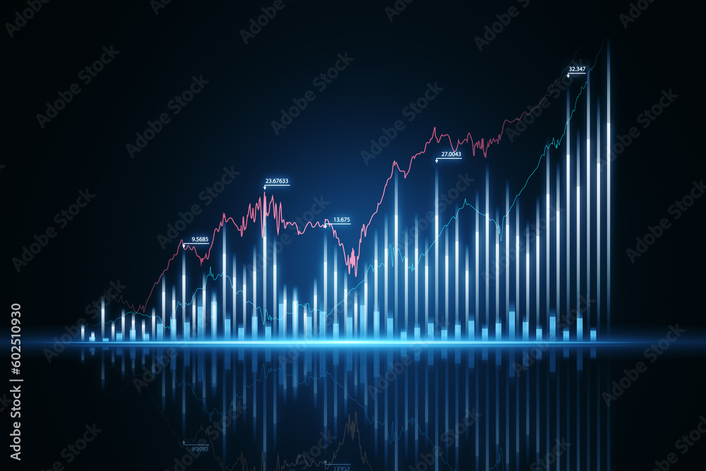 Poster Investing and economy growth concept with front view on digital financial chart candlestick on dark blue trader monitor screen background. 3D rendering