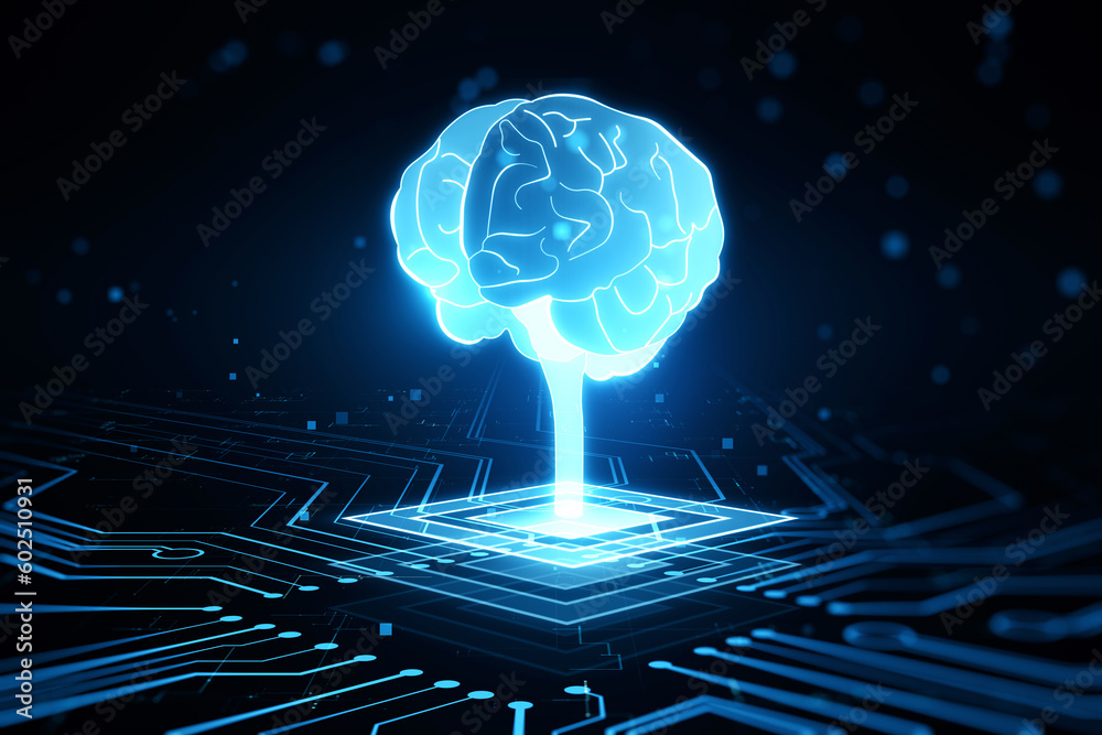 Poster robot, artificial intelligence and data network technologies concept with front view on digital glow