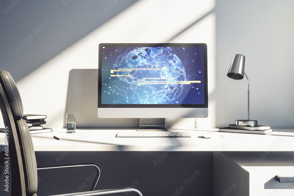 Poster abstract creative coding concept with world map on modern laptop screen. 3d rendering
