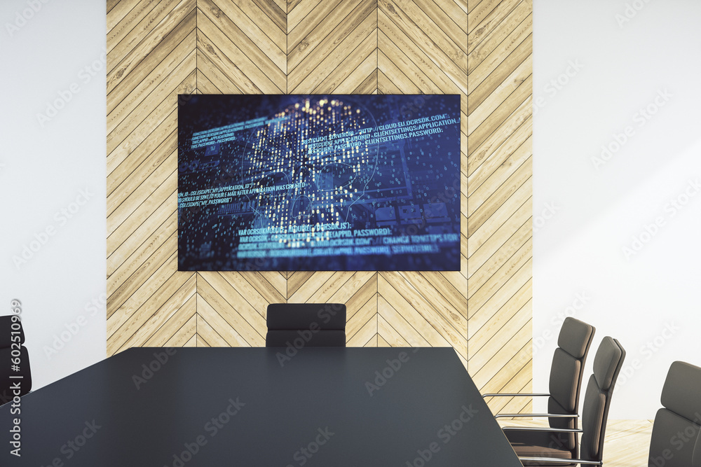 Aufkleber creative code skull hologram on tv display in a modern presentation room, cybercrime and hacking con