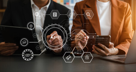 API Application Programming Interface, woman using laptop, tablet and smartphone with virtual screen API icon Software development tool, modern technology concept..