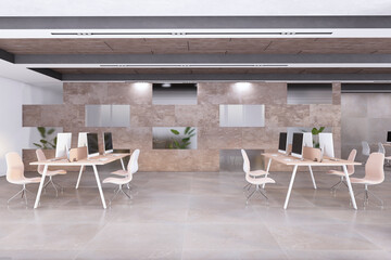 Modern office interior with furniture, equipment and other objects in daylight. 3D Rendering.