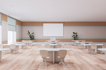 Modern school classroom interior with blank white mock up poster on wall, desks, wooden flooring, and window with city view. Education and auditorium concept. 3D Rendering.