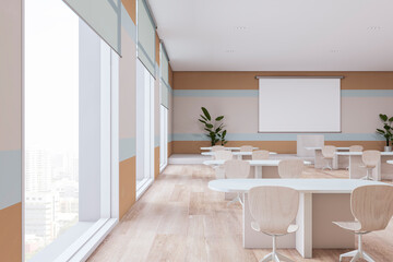 Modern school classroom interior with empty white mock up banner on wall, desks, wooden flooring, and window with city view. Education and auditorium concept. 3D Rendering.