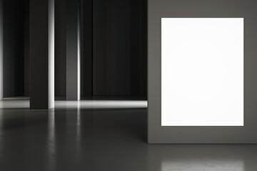 Front view on blank white poster with space for logo or advertising text on dark partition in abstract industrial hall with dark lighting pillars on glossy concrete floor. 3D rendering, mockup