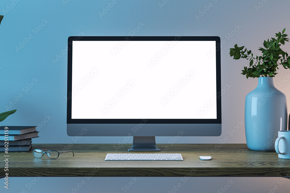 Poster Front view on blank white modern computer monitor with space for web design, website, landing page on wooden work table with eyeglasses and keyboard on dark wall background. 3D rendering, mock up