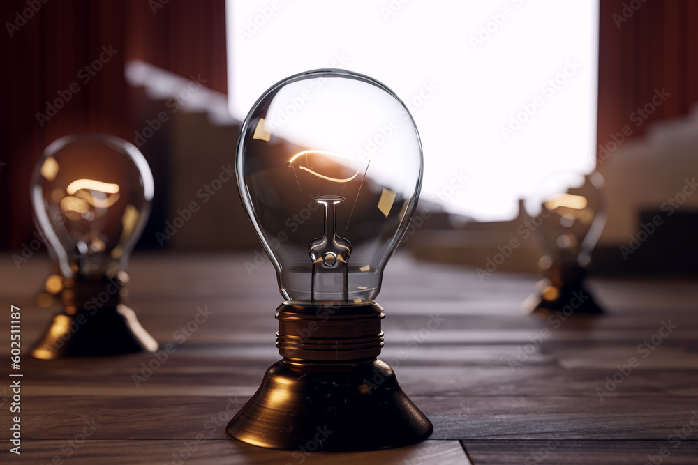 Poster abstract chess light bulbs placed on wooden surface with stairs and blurry white mock up place in th