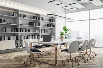 Fototapeta na wymiar Perspective view on stylish meeting room interior design with white conference table with golden legs, wall bookshelf with monochrome books and city view background from panoramic window. 3D rendering