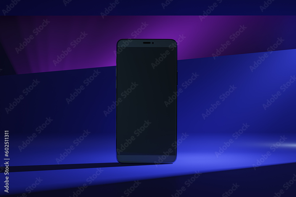 Poster Front view on blank black modern smartphone screen with space for your logo or text on abstract graphic dark blue and purple shades background. 3D rendering, mock up