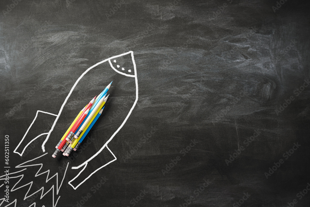 Poster Creative idea and business startup concept with stack of pencils on drawn on chalkboard background with place for your advertising poster rocket, startup. 3D rendering, mock up