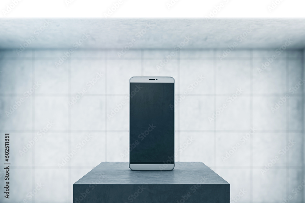 Poster Front view on blank black modern smartphone display with space for web design, website or application on black glossy stage in empty room with grey tiles wall background. 3D rendering, mock up