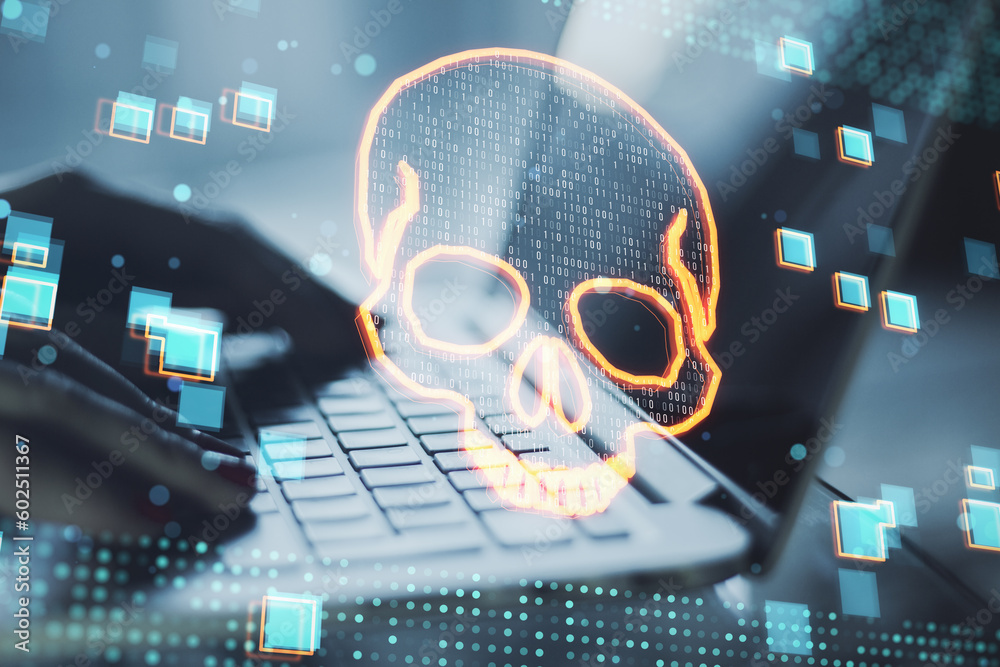Poster Close up of female hands using laptop keyboard with glowing digital binary code skull on blurry background. Hacking, piracy, malware and data theft concept. Double exposure.
