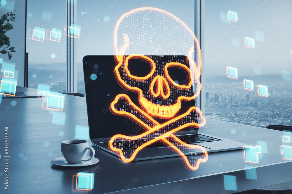 Poster close up of laptop on desktop with coffee cup, supplies, glowing digital binary code skull on blurry