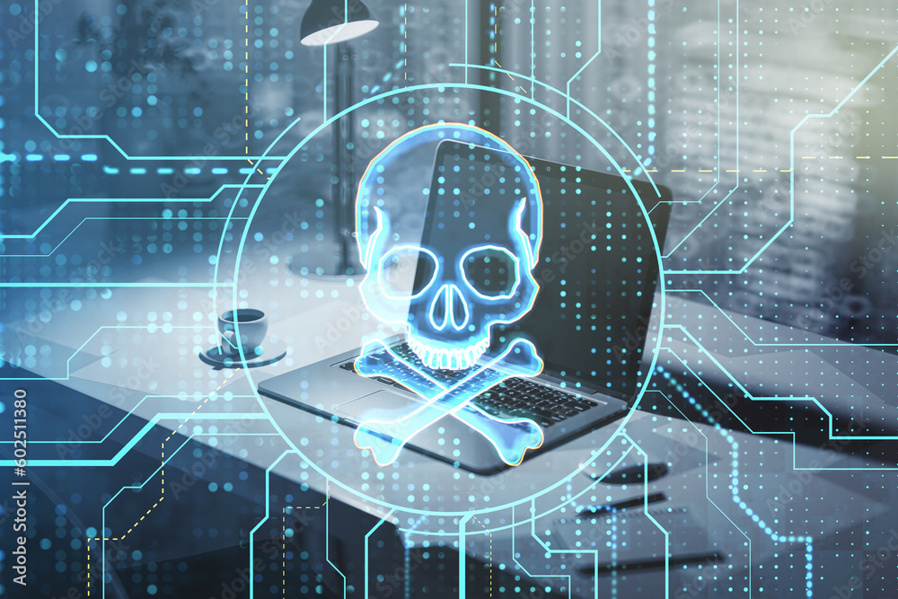 Aufkleber Close up of laptop computer with glowing digital circuit binary code skull on blurry workplace background. Hacking, piracy, malware and data theft concept. Double exposure.
