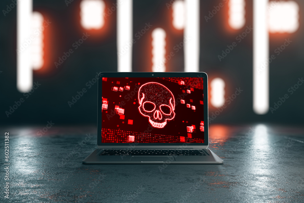 Poster Close up of laptop with digital binary code skull on screen. Concrete wall with lights background. Hacking, piracy, malware and data theft concept. 3D Rendering.