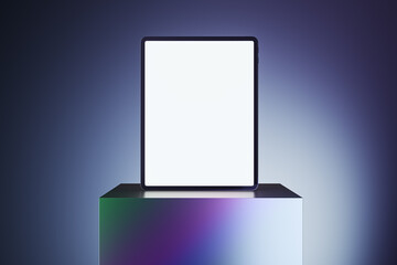 Empty white screen pad on creative square pedestal placed on light gradient background with mock up place. Ad concept. 3D Rendering.